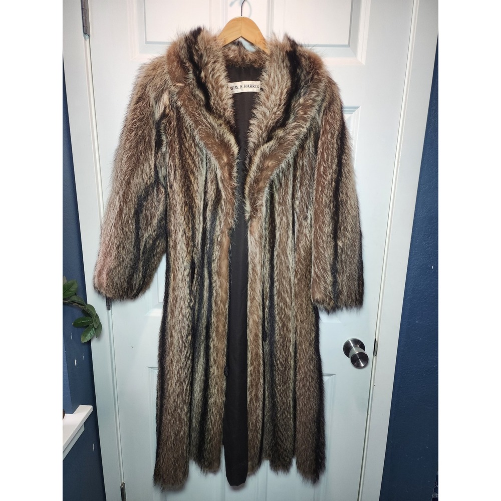 Vintage 70s WM. H. Harris Raccoon Fur Coat Brown Tan Long Shawl Collar XS Petite